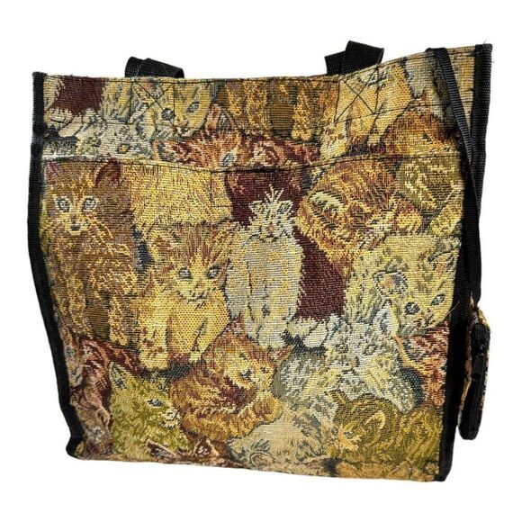 Vintage Large Tapestry Cat Print Tote Bag With Zipper & Handles Shopping Bag - Picture 3 of 10